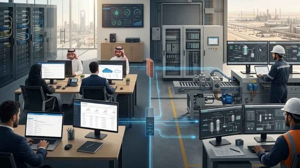 IT vs OT cybersecurity comparison for industrial businesses in Saudi Arabia showing corporate IT and operational technology networks